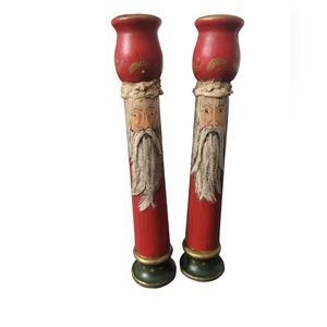 Pair of Wooden Red Christmas Candle Holders